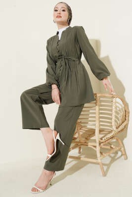 Nervürlü Brit Düğmeli Modal İkili Takım Haki - MUSTİ