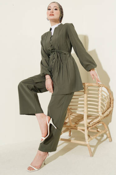 Nervürlü Brit Düğmeli Modal İkili Takım Haki - İkili Takım