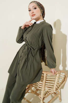 Nervürlü Brit Düğmeli Modal İkili Takım Haki - İkili Takım