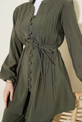 Nervürlü Brit Düğmeli Modal İkili Takım Haki - İkili Takım