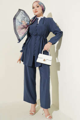 Nervürlü Brit Düğmeli Modal İkili Takım İndigo - MUSTİ