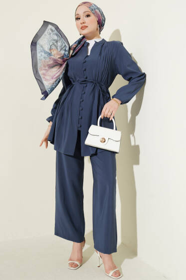 Nervürlü Brit Düğmeli Modal İkili Takım İndigo - İkili Takım