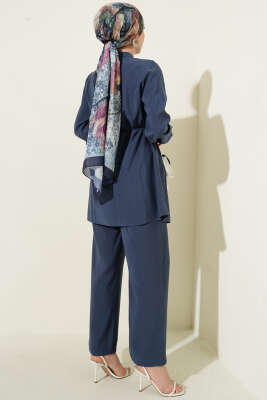 Nervürlü Brit Düğmeli Modal İkili Takım İndigo - İkili Takım