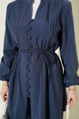 Nervürlü Brit Düğmeli Modal İkili Takım İndigo - İkili Takım