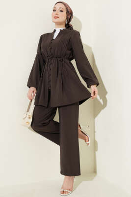 Nervürlü Brit Düğmeli Modal İkili Takım Kahve - MUSTİ