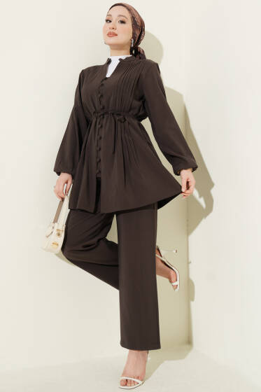 Nervürlü Brit Düğmeli Modal İkili Takım Kahve - İkili Takım