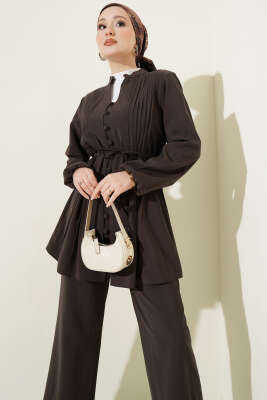 Nervürlü Brit Düğmeli Modal İkili Takım Kahve - İkili Takım