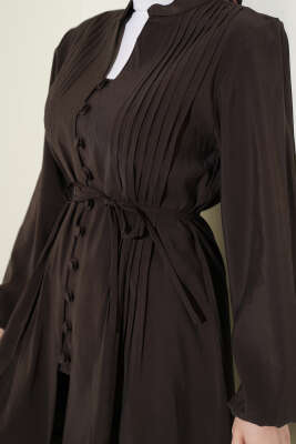 Nervürlü Brit Düğmeli Modal İkili Takım Kahve - İkili Takım