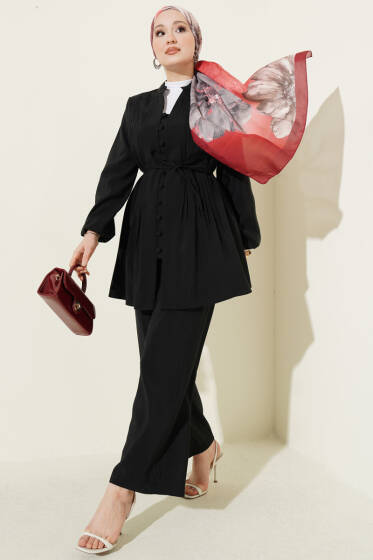 Nervürlü Brit Düğmeli Modal İkili Takım Siyah - İkili Takım