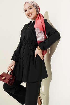 Nervürlü Brit Düğmeli Modal İkili Takım Siyah - İkili Takım