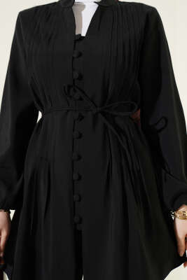 Nervürlü Brit Düğmeli Modal İkili Takım Siyah - İkili Takım