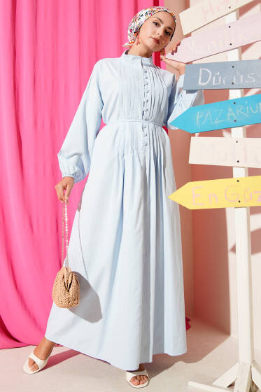 Nervürlü Pileli Elbise Bebe Mavi - Elbise