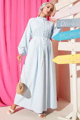 Nervürlü Pileli Elbise Bebe Mavi 