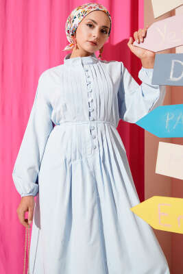 Nervürlü Pileli Elbise Bebe Mavi - Tesettür Elbise