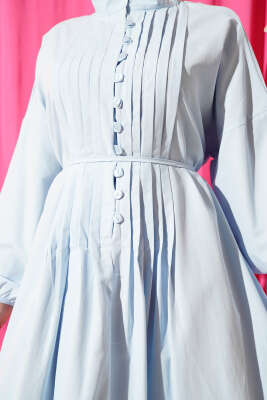 Nervürlü Pileli Elbise Bebe Mavi - Tesettür Elbise