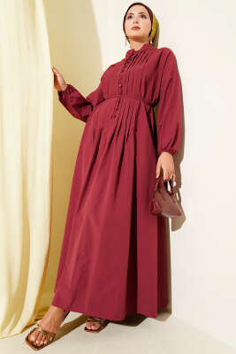 Nervürlü Pileli Elbise Bordo 