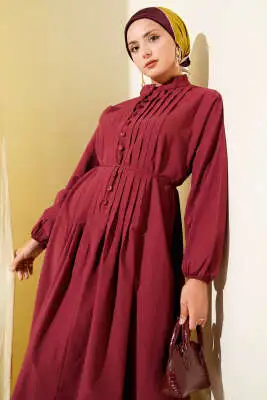 Nervürlü Pileli Elbise Bordo - Tesettür Elbise