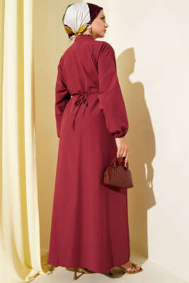 Nervürlü Pileli Elbise Bordo - Tesettür Elbise