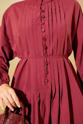 Nervürlü Pileli Elbise Bordo - Tesettür Elbise