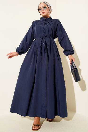 Nervürlü Pileli Elbise Lacivert - Elbise
