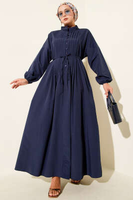 Nervürlü Pileli Elbise Lacivert 
