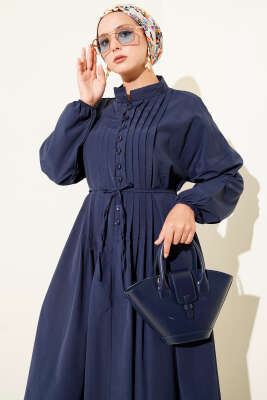 Nervürlü Pileli Elbise Lacivert - Tesettür Elbise