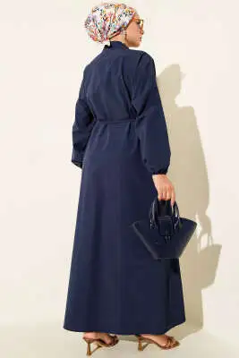 Nervürlü Pileli Elbise Lacivert - Tesettür Elbise