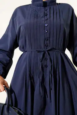 Nervürlü Pileli Elbise Lacivert - Tesettür Elbise