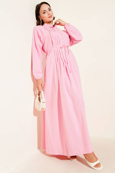 Nervürlü Pileli Elbise Pembe - Elbise