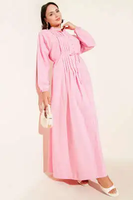 Nervürlü Pileli Elbise Pembe - Tesettür Elbise