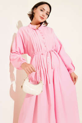 Nervürlü Pileli Elbise Pembe - Tesettür Elbise
