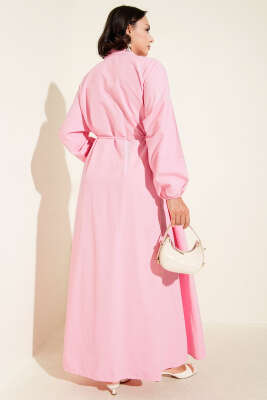 Nervürlü Pileli Elbise Pembe - Tesettür Elbise