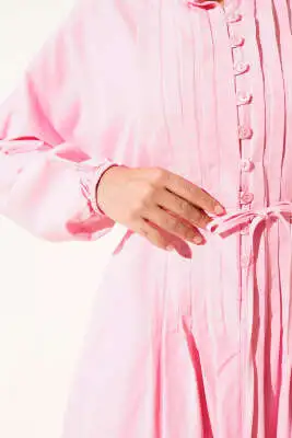 Nervürlü Pileli Elbise Pembe - Tesettür Elbise