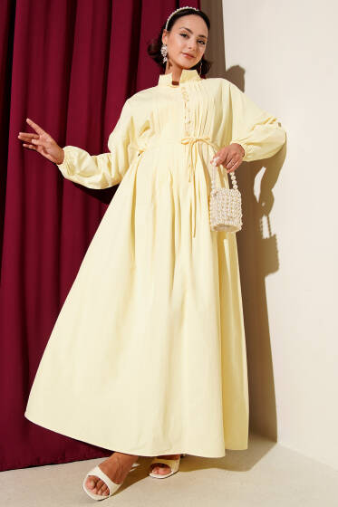 Nervürlü Pileli Elbise Sarı - Elbise