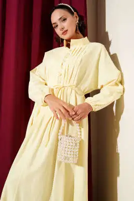 Nervürlü Pileli Elbise Sarı - Tesettür Elbise