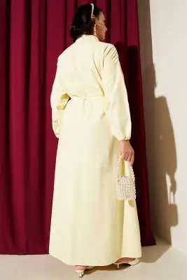 Nervürlü Pileli Elbise Sarı - Tesettür Elbise