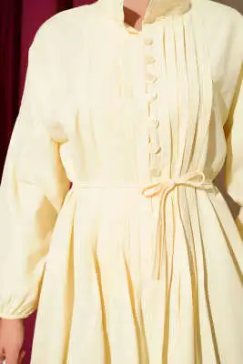 Nervürlü Pileli Elbise Sarı - Tesettür Elbise