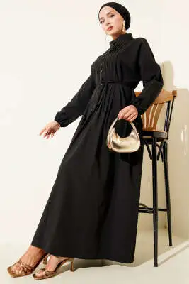 Nervürlü Pileli Elbise Siyah 