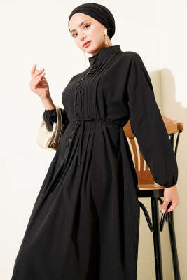 Nervürlü Pileli Elbise Siyah - Tesettür Elbise