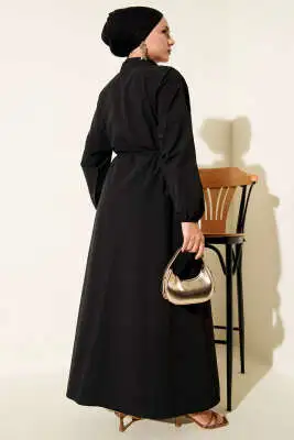 Nervürlü Pileli Elbise Siyah - Tesettür Elbise