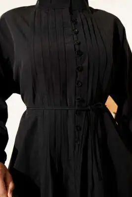 Nervürlü Pileli Elbise Siyah - Tesettür Elbise