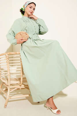 Nervürlü Pileli Elbise Su Yeşili 