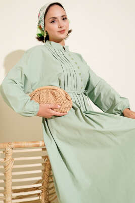 Nervürlü Pileli Elbise Su Yeşili - Tesettür Elbise