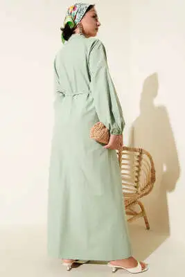 Nervürlü Pileli Elbise Su Yeşili - Tesettür Elbise