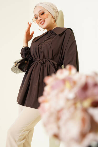 Nervürlü Yarım Düğmeli Tunik Acı Kahve - Tunik