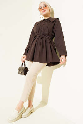 Nervürlü Yarım Düğmeli Tunik Acı Kahve - Tunik