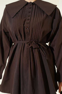 Nervürlü Yarım Düğmeli Tunik Acı Kahve - Tunik