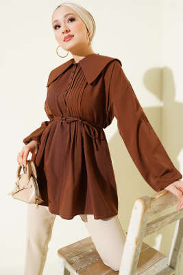 Nervürlü Yarım Düğmeli Tunik Kahve - MISRA