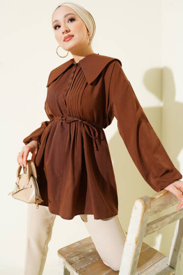 Nervürlü Yarım Düğmeli Tunik Kahve - Tunik