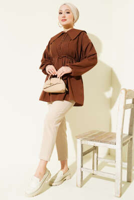 Nervürlü Yarım Düğmeli Tunik Kahve - Tunik